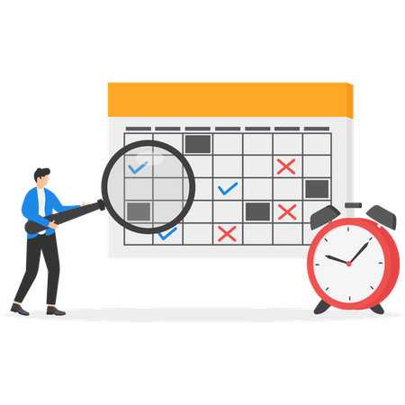 Homme vérifiant le calendrier de travail avec une loupe  Illustration