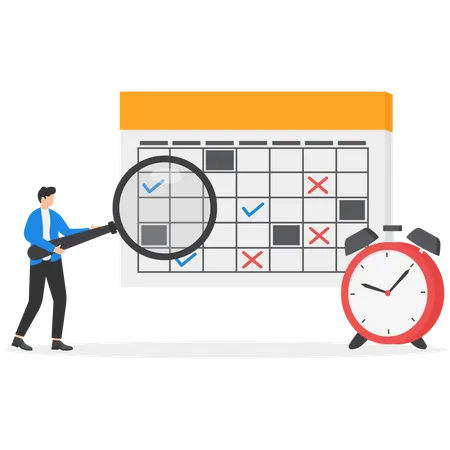 Homme vérifiant le calendrier de travail avec une loupe  Illustration