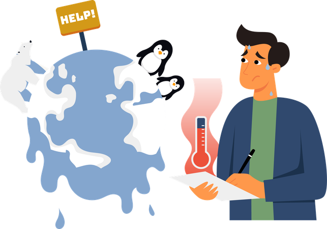 Homme vérifiant la fonte des glaces terrestres  Illustration