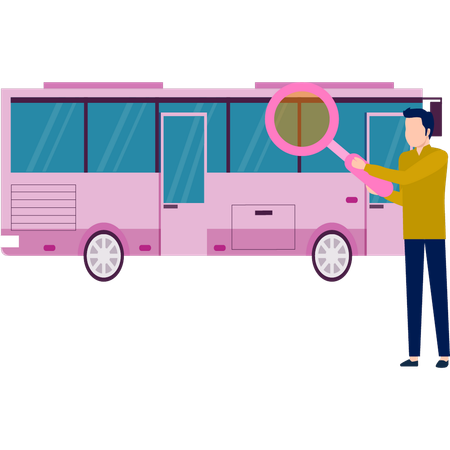Homme vérifiant le bus à l'aide d'une loupe  Illustration