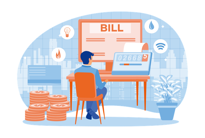 Un homme vérifie le compteur d'électricité et calcule la facture d'électricité sur un site Web  Illustration