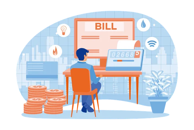 Un homme vérifie le compteur d'électricité et calcule la facture d'électricité sur un site Web  Illustration