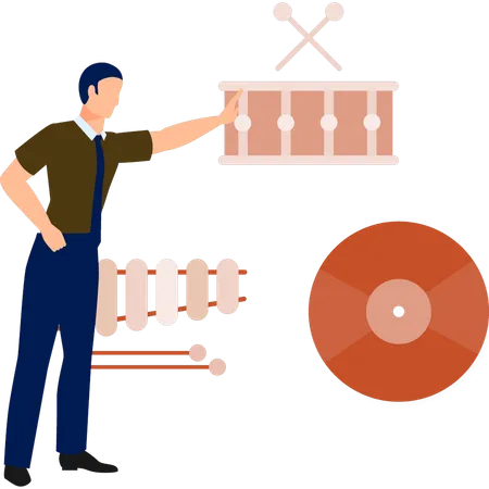 Homme vérifiant le son de la caisse claire  Illustration