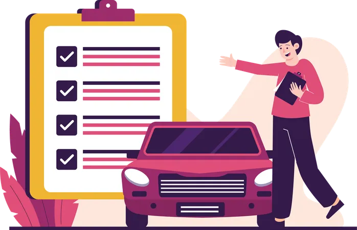 Homme vérifiant la liste des services de voiture  Illustration