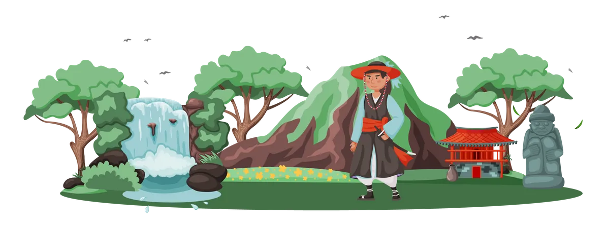 Homme habillé en vêtements nationaux avec samouraï arme épée  Illustration