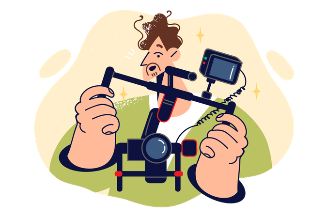 Un vidéaste tient une caméra montée sur un stabilisateur pour filmer une vidéo  Illustration