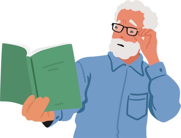 Un homme âgé à lunettes louche devant un livre flou  Illustration