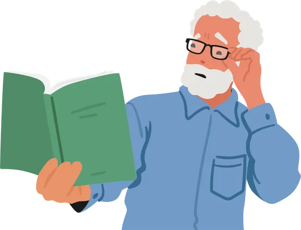 Un homme âgé à lunettes louche devant un livre flou  Illustration