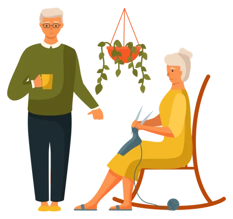 Un homme âgé avec une tasse et une femme tricote une écharpe assise sur la chaise  Illustration