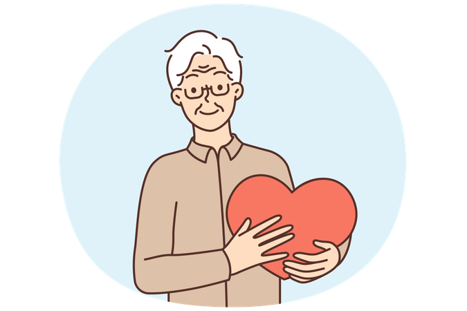 Heureux homme âgé tenant un grand cœur dans ses mains se sentant reconnaissant et reconnaissant  Illustration
