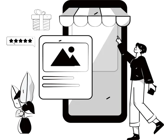 Vues d'un homme sur les produits en ligne  Illustration