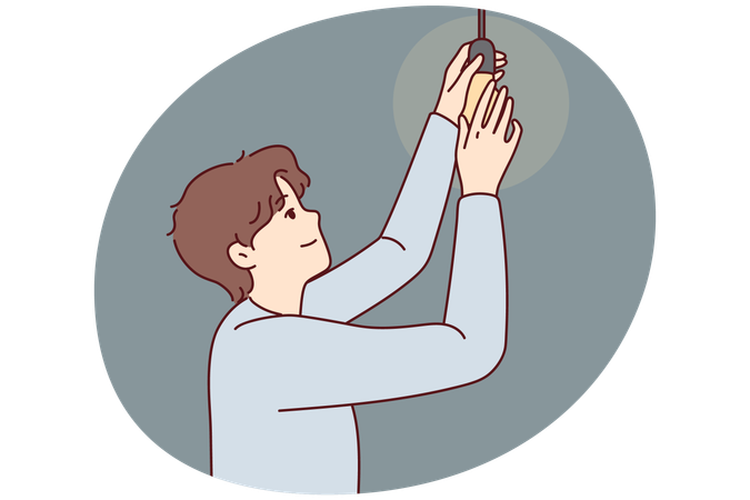 Un homme visse une ampoule au plafond  Illustration