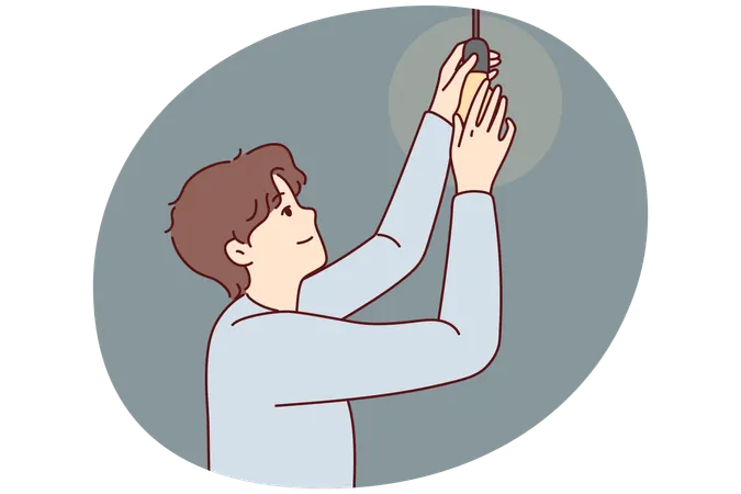Un homme visse une ampoule au plafond  Illustration