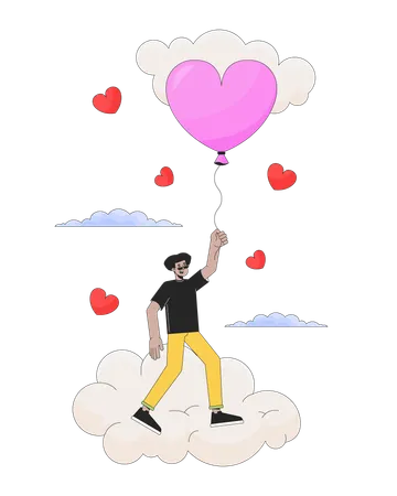 Homme volant avec un ballon au-dessus des nuages  Illustration