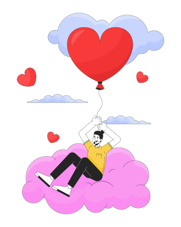 Homme volant avec un ballon dans les nuages  Illustration