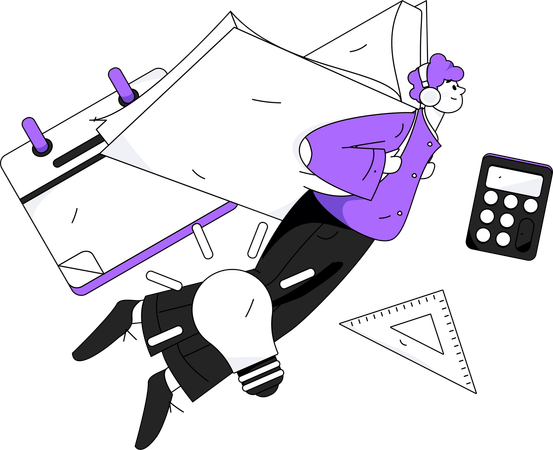 Homme volant avec un livre tout en suivant une éducation créative  Illustration