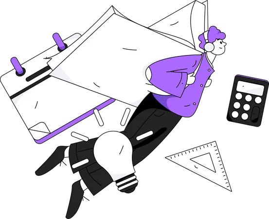 Homme volant avec un livre tout en suivant une éducation créative  Illustration