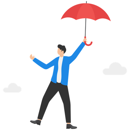 Homme volant dans le ciel au-dessus de la ville avec un parapluie rouge à la main  Illustration