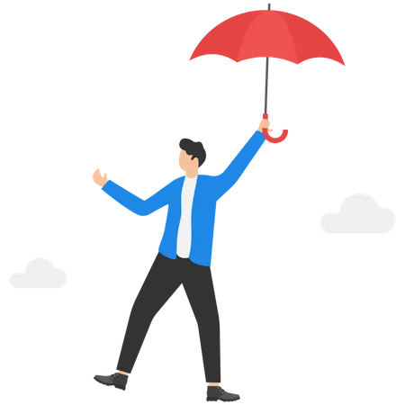 Homme volant dans le ciel au-dessus de la ville avec un parapluie rouge à la main  Illustration