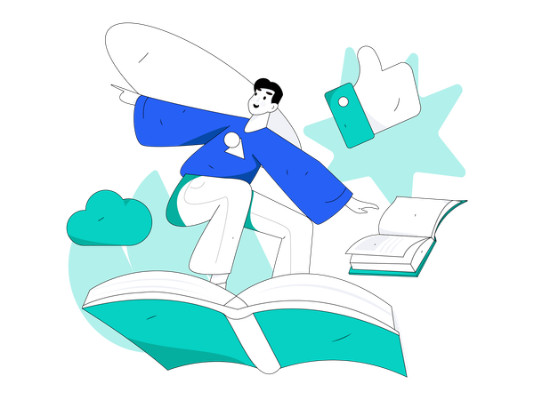 Homme volant sur un livre  Illustration