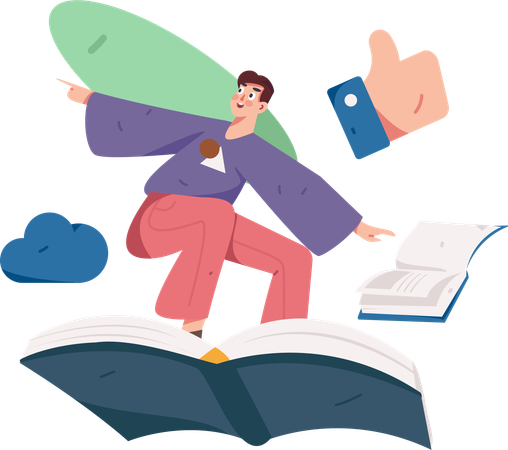 Homme volant sur un livre  Illustration