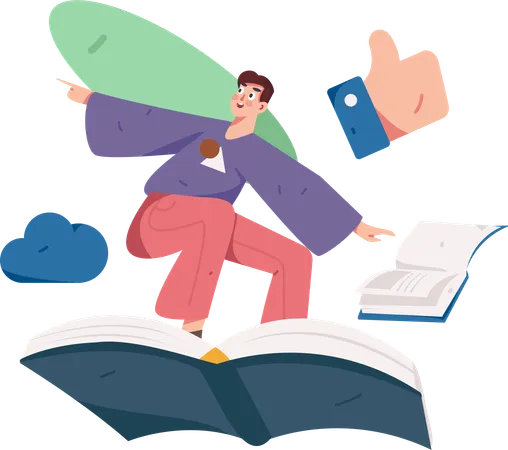 Homme volant sur un livre  Illustration