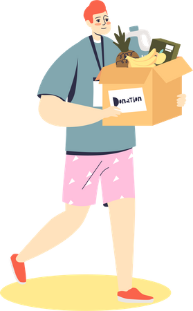 Bénévole homme tenant une boîte de nourriture pour don  Illustration