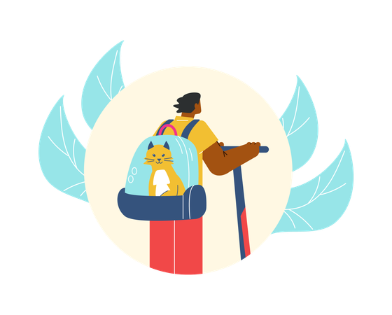 Un homme voyage avec un chat dans un sac à dos  Illustration