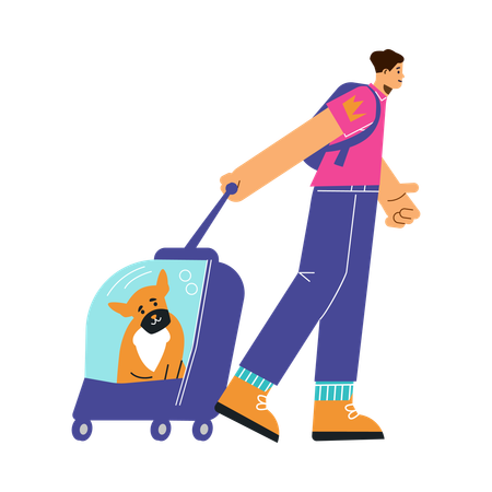 Un homme voyage avec un chien dans un sac spécial  Illustration