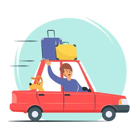 Homme voyage en voiture sur route avec bagages  Illustration