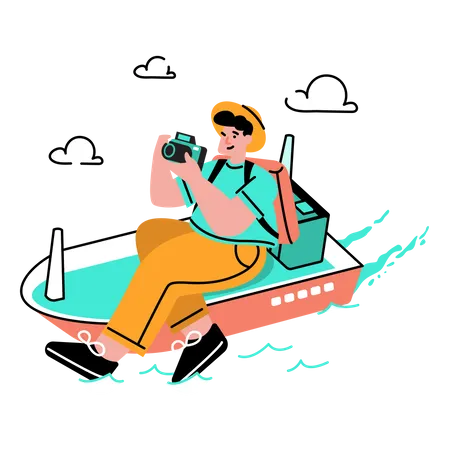 Homme voyageant sur un bateau ou un bateau  Illustration