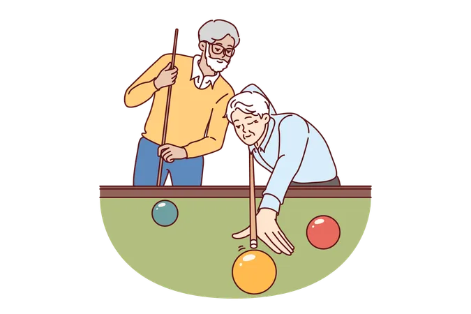 Les hommes âgés jouent au billard tout en profitant de leur passe-temps favori qui leur permet de passer du temps avec des amis  Illustration