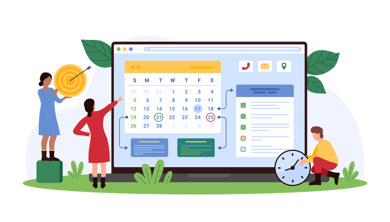 Hommes d'affaires travaillant avec un calendrier numérique et une gestion des tâches  Illustration