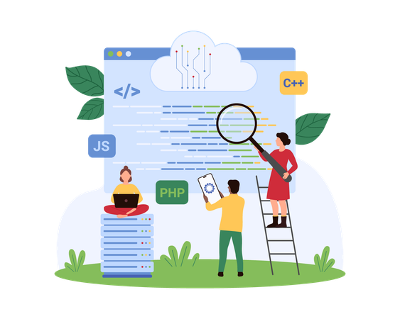 Hommes d'affaires travaillant avec du code logiciel  Illustration