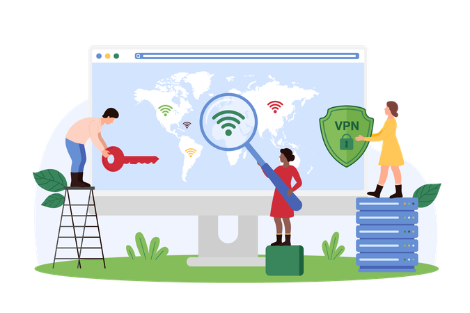 Des hommes d'affaires travaillant sur la sécurité VPN  Illustration