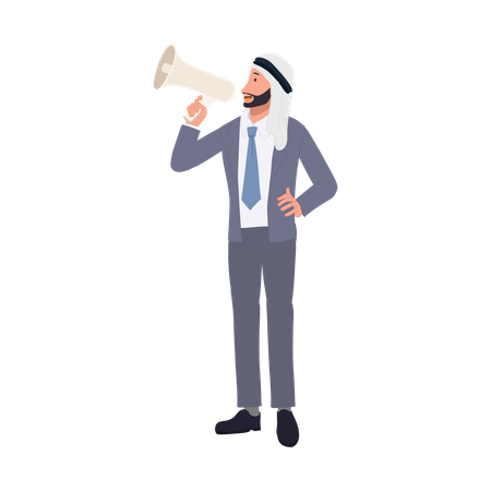 Communication marketing bruyante d'un homme d'affaires arabe utilisant un mégaphone pour une annonce  Illustration