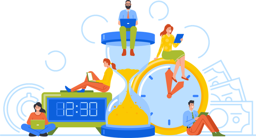 Hommes d'affaires autour d'énormes horloges  Illustration
