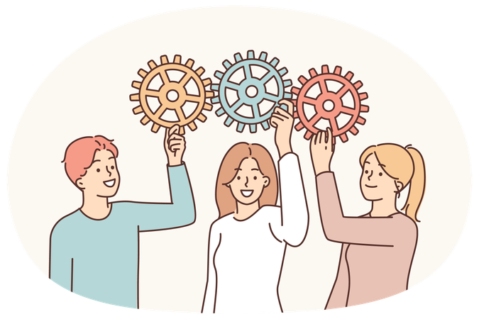 Les hommes d'affaires avec des engrenages symbolisent la collaboration entre les employés de l'entreprise pour la mise en œuvre des indicateurs de performance clés (KPI)  Illustration