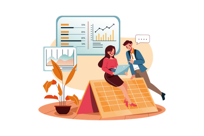 Hommes d'affaires discutant de l'analyse marketing  Illustration