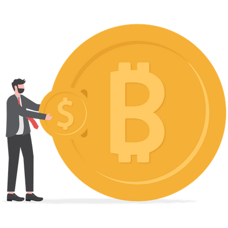 Les hommes d'affaires échangent des pièces d'un dollar contre du Bitcoin  Illustration