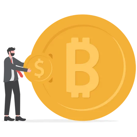 Les hommes d'affaires échangent des pièces d'un dollar contre du Bitcoin  Illustration