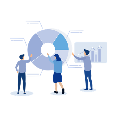 L'équipe marketing des gens d'affaires analyse le graphique  Illustration