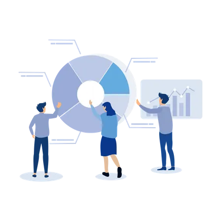 L'équipe marketing des gens d'affaires analyse le graphique  Illustration