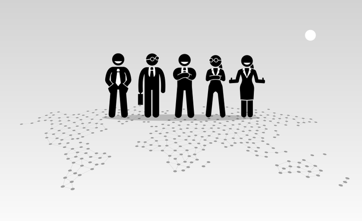 Hommes d'affaires et femmes d'affaires debout au sommet d'une carte du monde  Illustration