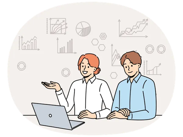 Des hommes d'affaires étudient des tableaux et des graphiques financiers et utilisent la gestion de la relation client (CRM)  Illustration