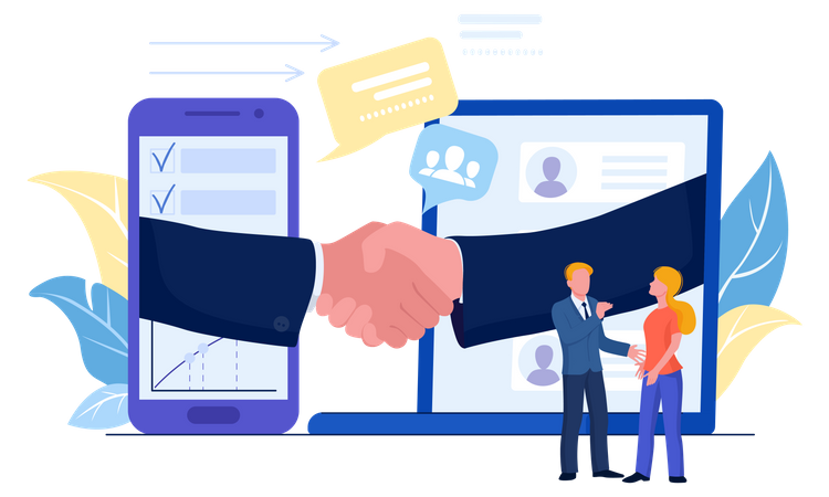 Hommes d'affaires faisant des transactions en ligne  Illustration