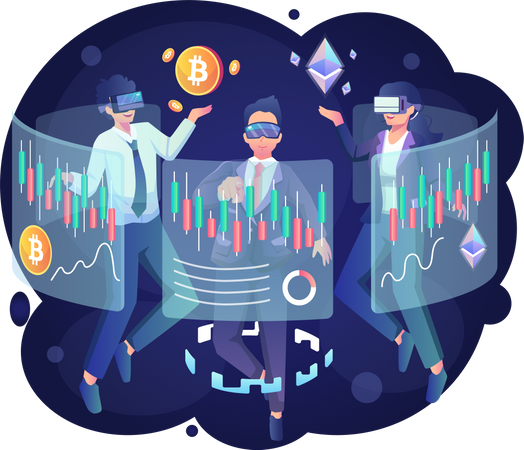 Hommes d’affaires négociant des cryptomonnaies dans le Metaverse  Illustration