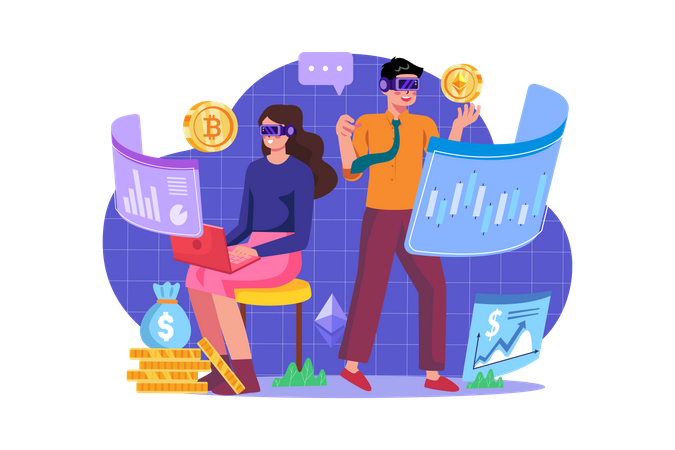 Hommes d’affaires négociant des cryptomonnaies dans le Metaverse  Illustration