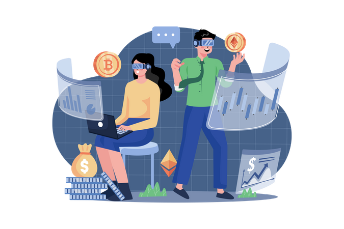 Hommes d’affaires négociant des cryptomonnaies dans le Metaverse  Illustration