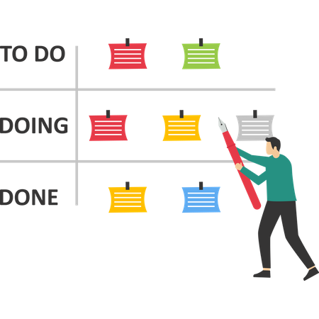 Les gens d'affaires examinent les progrès du projet sur le tableau Kanban  Illustration